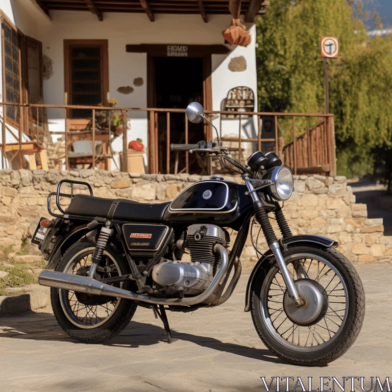 Charming Motorcycle Parked in Front of a Stone House | Idyllic Rural Scenes AI Image