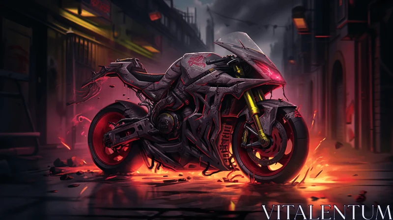 Fiery Motorcycle in Post-Apocalyptic Cyberpunk Scene AI Image