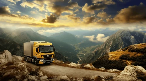 Yellow Truck Driving near Mountains at Sunset | Photorealistic Rendering
