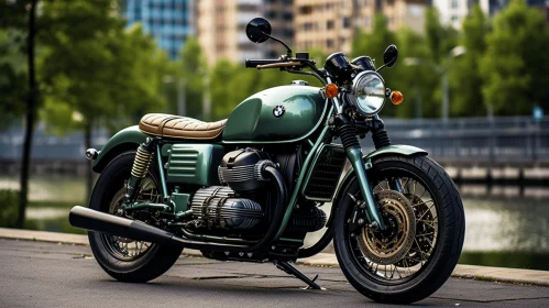 Green Motorcycle Parked Next to Water Near City Lights in Bronze Patina Style