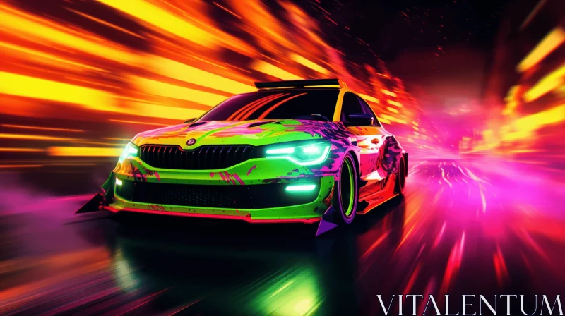 Vibrant Neon Car Driving Down Street in Bold Graphic Style AI Image