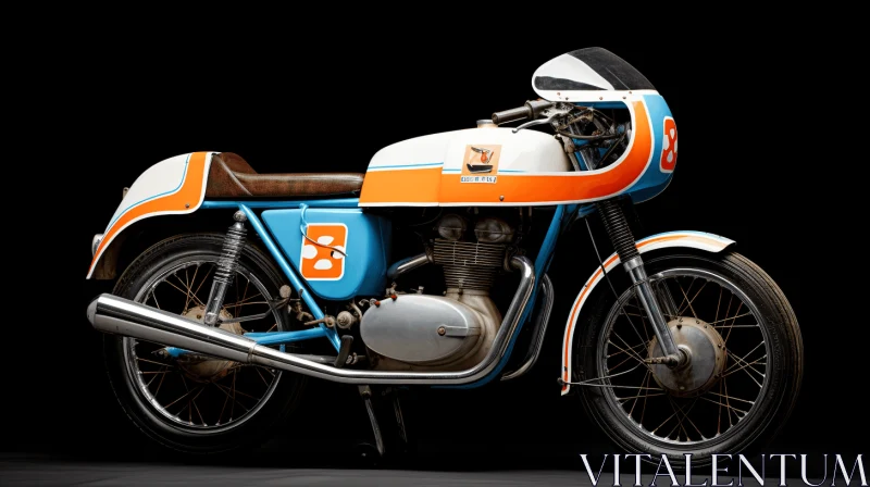 Vintage Blue and Orange Motorcycle with Bold Structural Designs AI Image