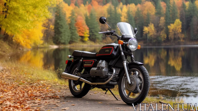 AI ART Black Motorcycle Parked by a Serene Lake in Autumn