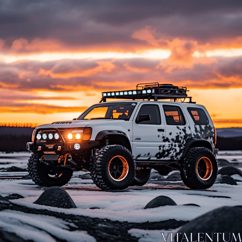 White Jeep Ram Parked on Snowy Rocks | Unique Character Design AI Image