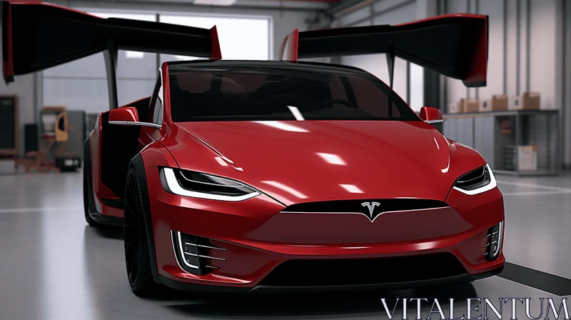 Red Tesla Model S Automobile in Garage - Artwork Commission AI Image