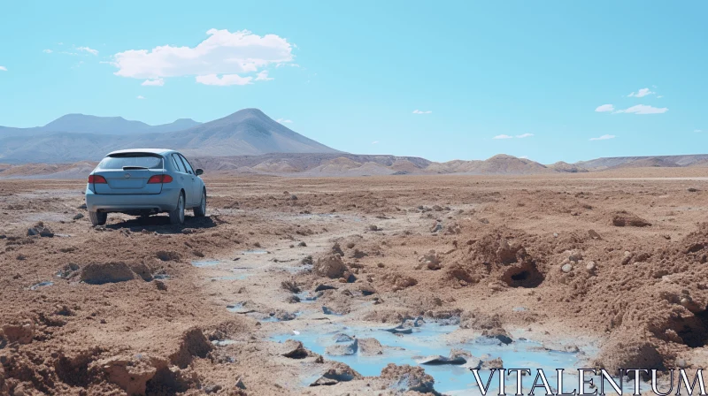 Blue Car Driving Through Mud on Green Grass in Desert and Rocky Mountains AI Image