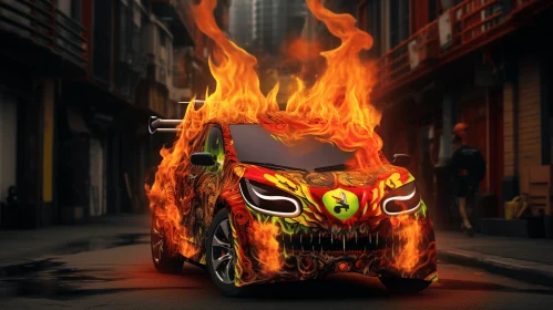 Burning Car Art: Vibrant Caricature Depicting Urban Energy