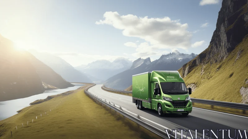 Green Truck on Road with Majestic Mountains | Danish Golden Age Inspired AI Image