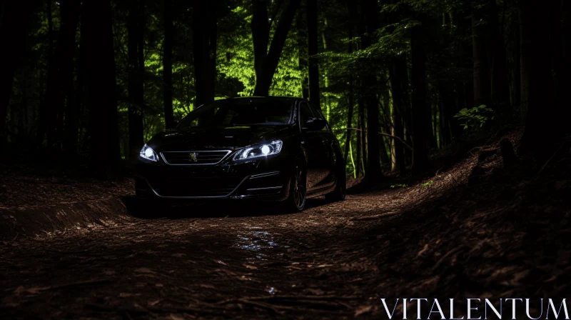 Black Car in Dark Forest: Precisionist Artwork with Soft Lighting AI Image