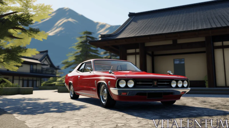 Captivating Red Classic Car on Japanese Building and Street AI Image