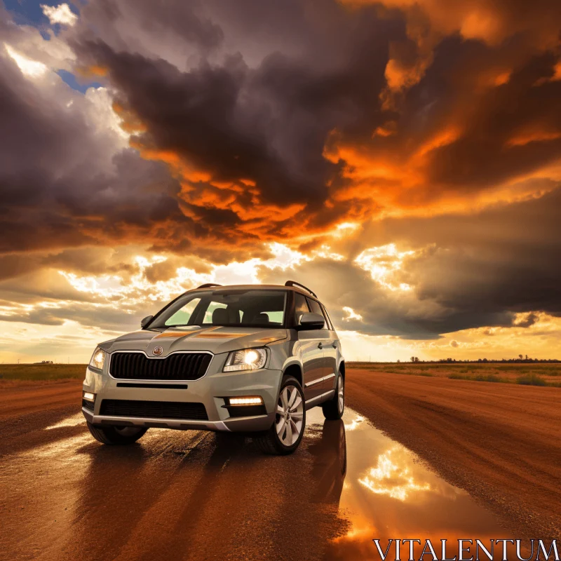 AI ART Captivating SUV Parked on Dirt Road Under Stormy Sky | Unique Art Deco-Inspired Style