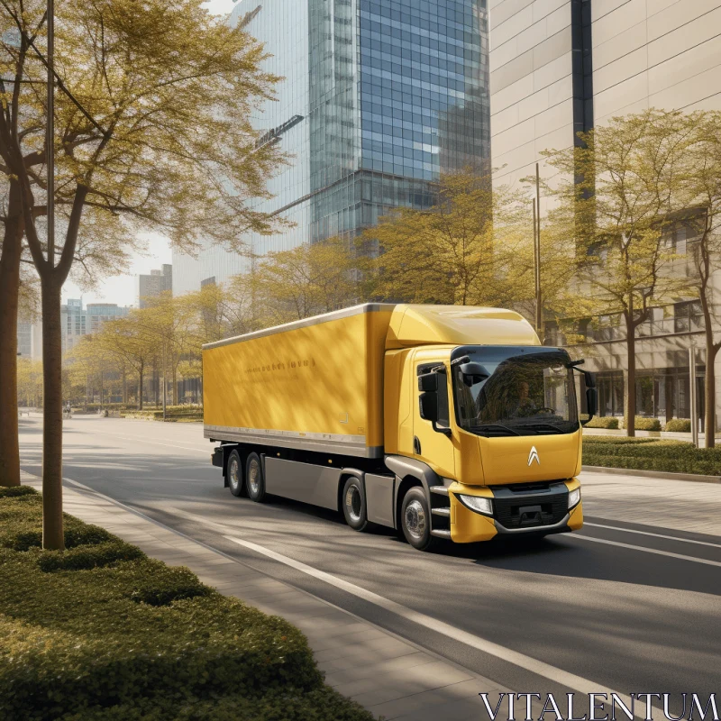 Bright Yellow Truck Driving Down a Street | Lifelike Renderings AI Image