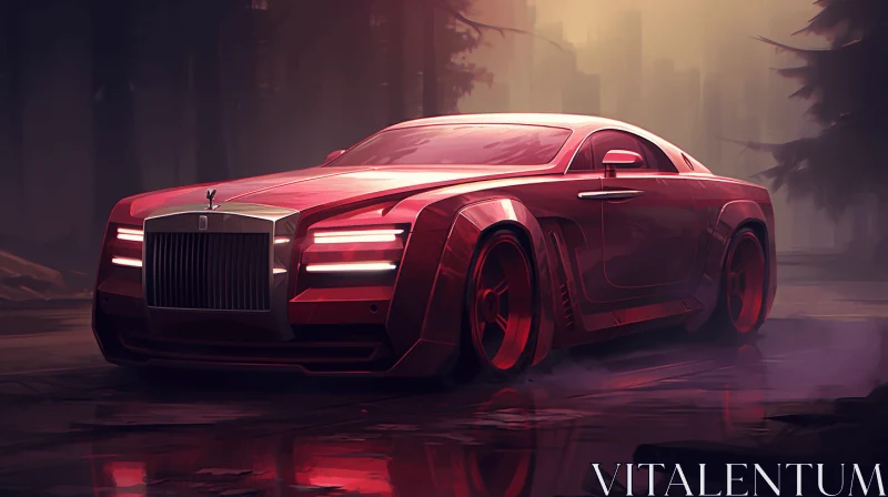 Captivating Rain Scene: Realistic Rendering of Red Rolls Royce Car AI Image