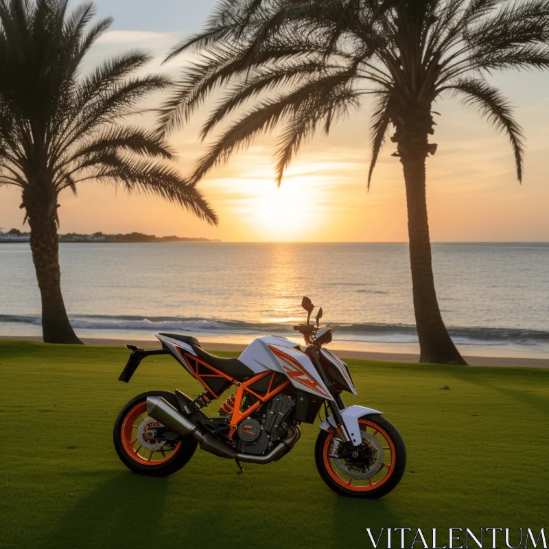 Motorcycle Parked on Grass by Beach: Exotic Atmosphere and Volumetric Lighting AI Image
