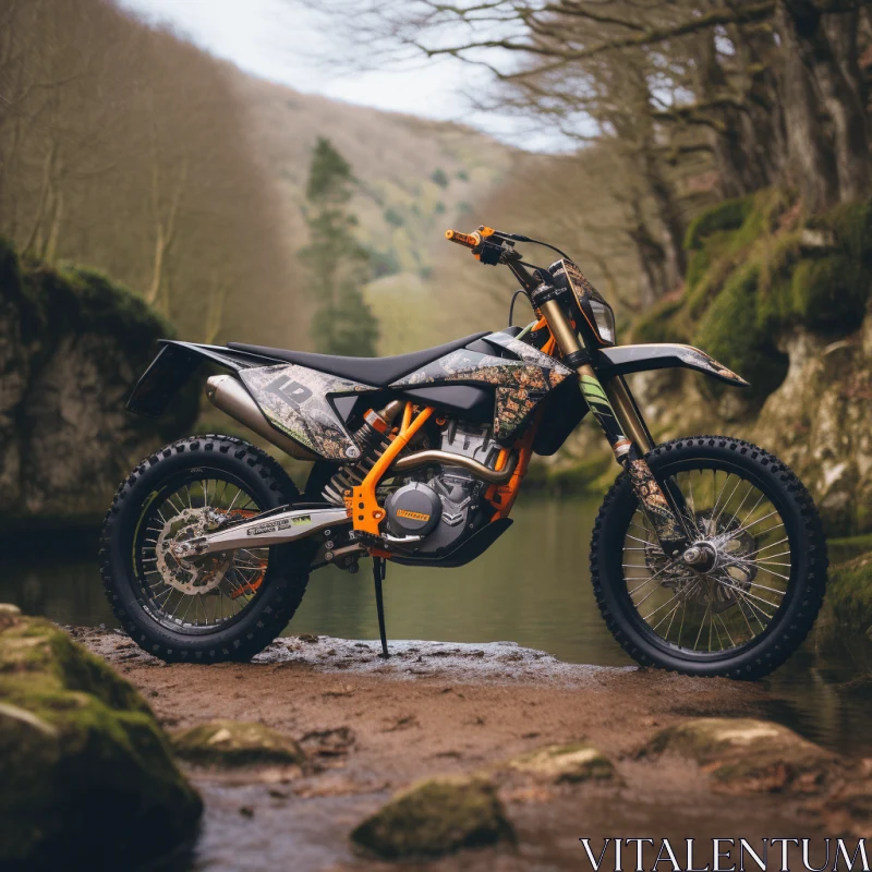 Dark Silver Dirt Bike by a Stream: Edgy and Raw Transport Art AI Image