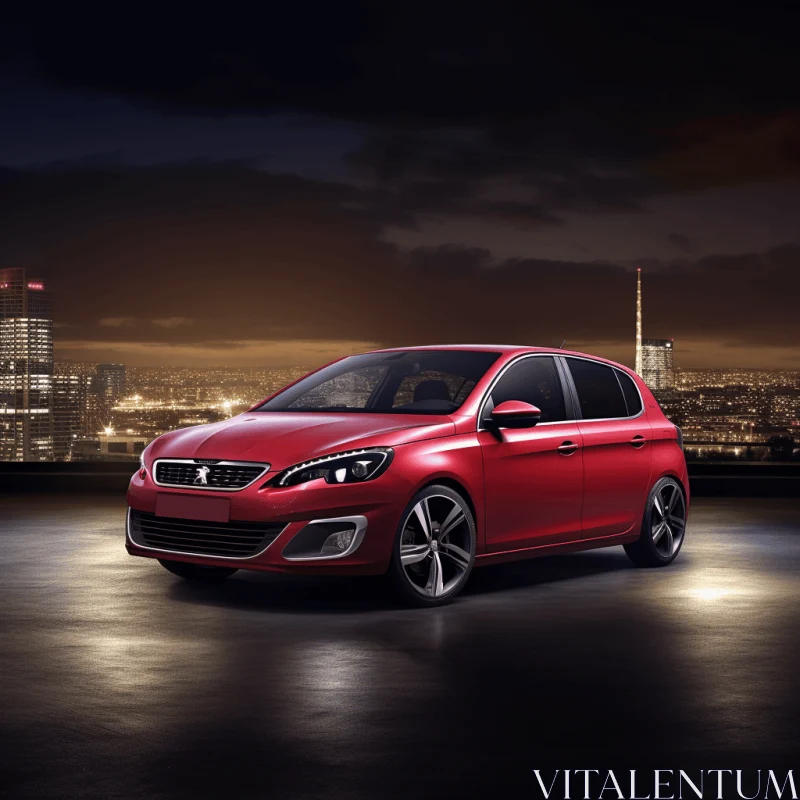 Red Peugeot Car Parked in City | Minimal Retouching | Luminescent Color Scheme AI Image