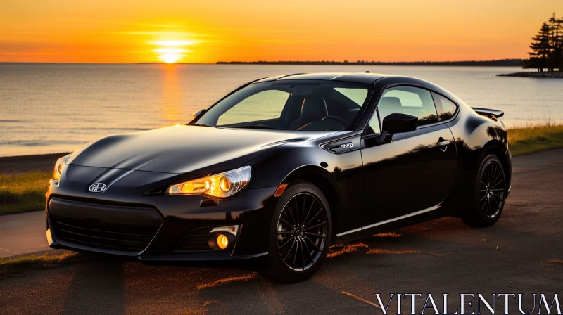 Black Sports Car on the Beach at Sunset: A Fusion of Eastern and Western Styles AI Image