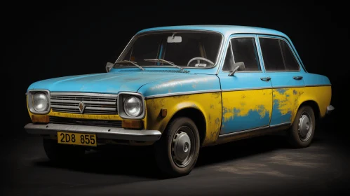 Captivating Rusted Blue and Yellow Car on Black Background