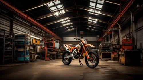 Highly Realistic Orange Dirt Bike in Warehouse - Dynamic Outdoor Shot