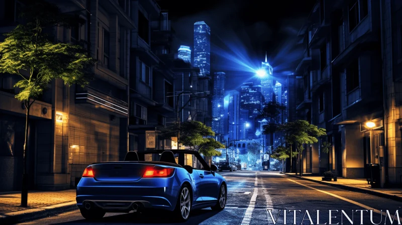 Futuristic Cityscape: Dark Populated Street with Blue Car AI Image