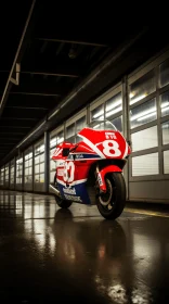 Red and White Race Bike in a Dimly Lit Garage | Nostalgic Atmosphere