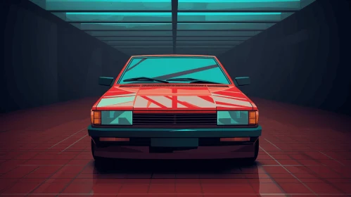 Red Car in Garage: Retrowave Japanese Minimalistic Art