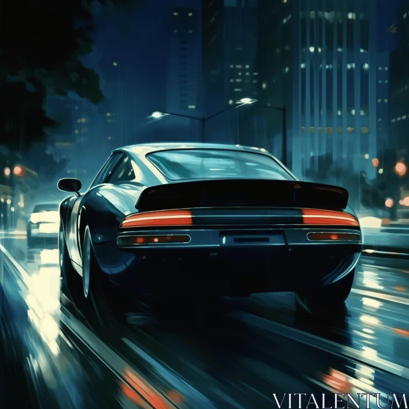 Retro-Futuristic Cyberpunk Art: Black Coupe Driving in Rainy Night City AI Image