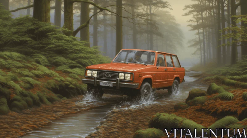 AI ART Rusty Red SUV Driving through Misty Woods - Hyper-Realistic Art