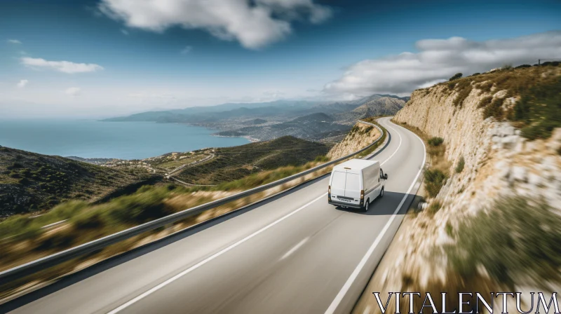 White Truck Driving on Highway Near Sea | Eco-Friendly Craftsmanship AI Image
