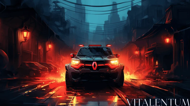 Impressive Digital Illustration of a Vehicle in a Dark Lit City Street AI Image