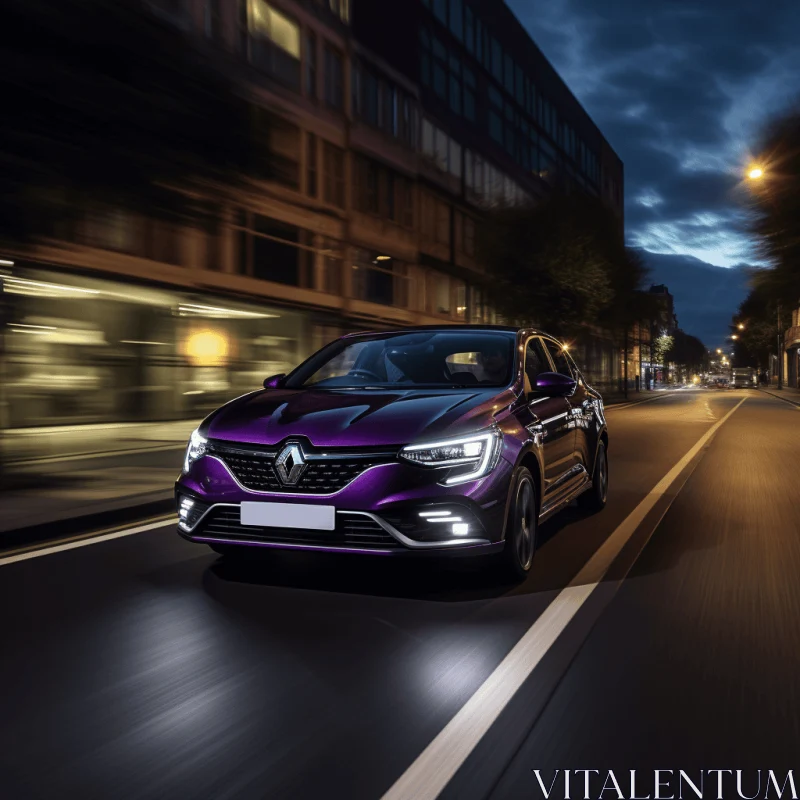 Purple Renault Sedan Driving at Night with Dramatic Lighting AI Image