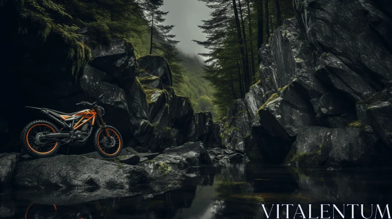 Transport: Dark Silver and Orange Dirt Bike in Woods near Waterfall AI Image