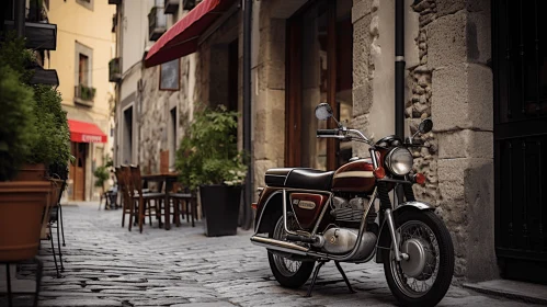 Vintage Motorcycle on Cobblestone Street | Nostalgic Midcentury Charm
