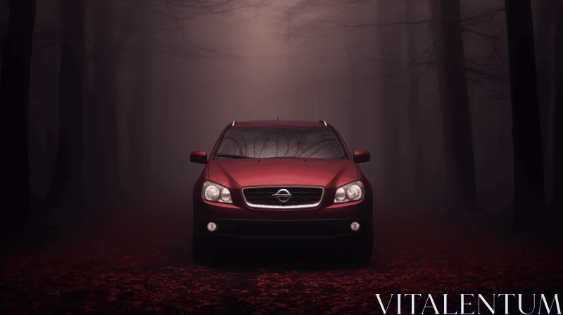 Red Car Driving Through Dark Forest | Ambient Occlusion Style AI Image
