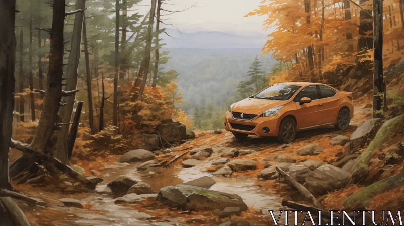 Orange SUV Driving Through Autumn Woods - Richly Detailed Genre Painting AI Image