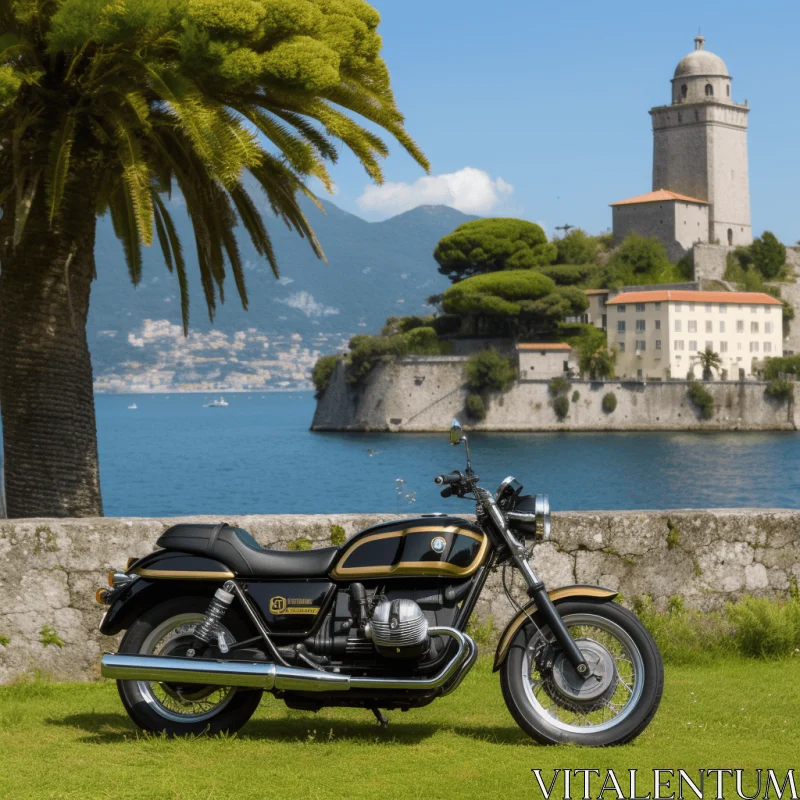 Black and Yellow Motorcycle in Mediterranean Landscapes | Classical Elegance AI Image