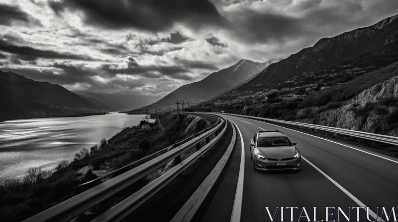 Driving Towards a Body of Water: Monochrome Landscape Photography AI Image