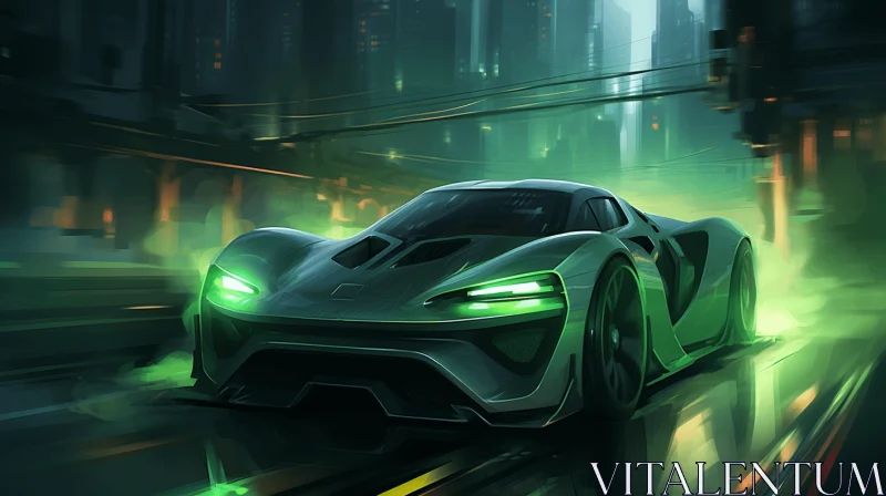 Green Futuristic Car Driving Through City Lights - Bold Character Design AI Image