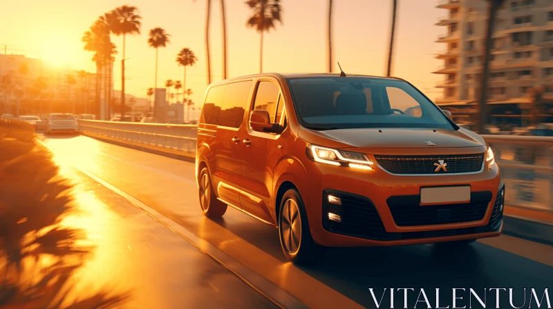 Orange Van Driving in Sunlight - Contemporary and Traditional Style AI Image