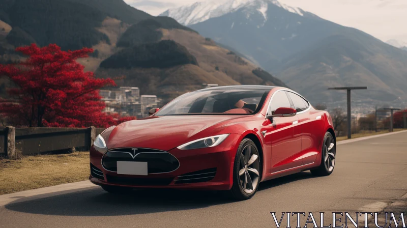 Red Tesla Model S Driving on Road with Majestic Mountains - Artistic Image AI Image