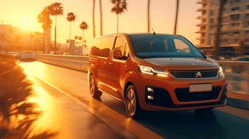 Orange Van Driving in Sunlight - Contemporary and Traditional Style