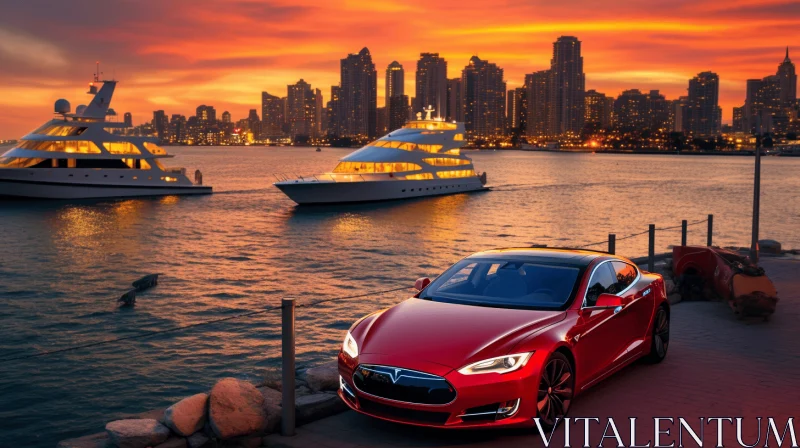 Red Car Parked Near Yachts Under Beautiful Night Sky AI Image
