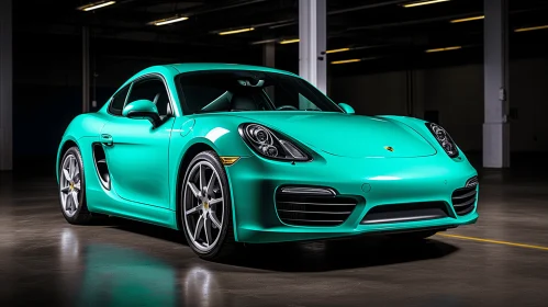 Teal Green Porsche Sports Car in an Empty Garage - Vibrant and Lively Artwork