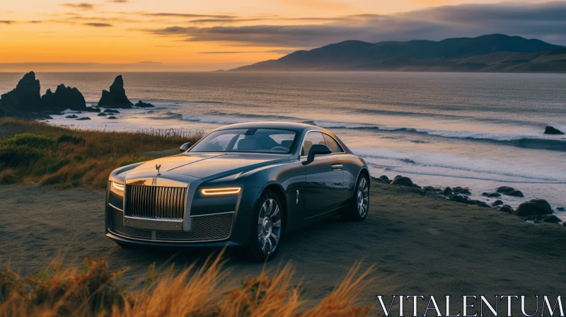 Luxurious Rolls Royce Phantom Concept on Beach at Sunset AI Image