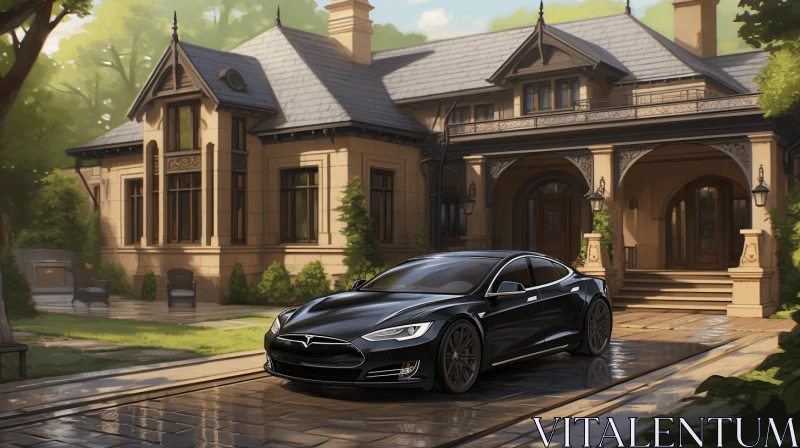 Luxurious Tesla Model S in Front of a Mansion - Detailed Character Illustrations AI Image