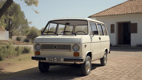 Vintage White Van Parked in Driveway - Realistic Rendering