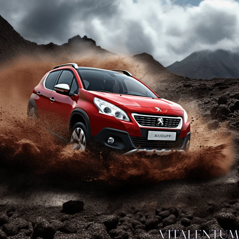 Captivating Red Peugeot SUV Driving Through Muddy Terrain AI Image
