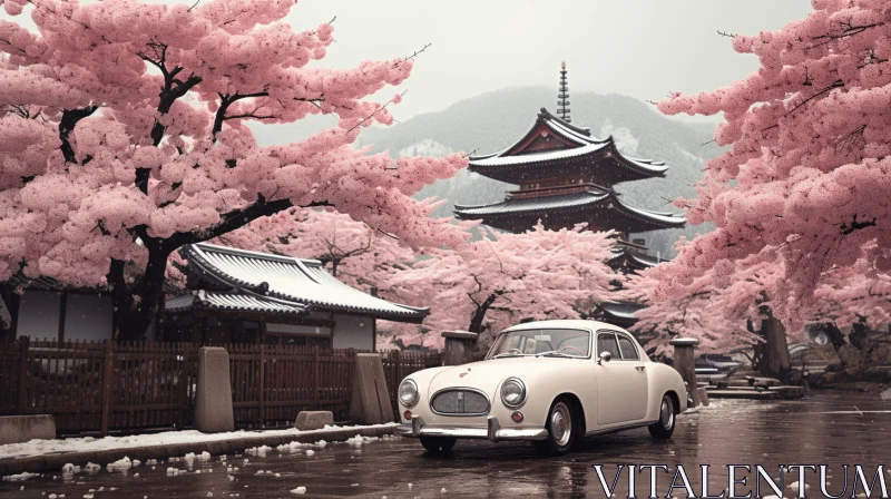Vintage Car Drives Through City with Cherry Blossoms | Buddhist Art and Architecture AI Image