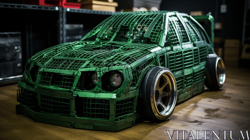 Green Metal Cage Car - Hyper-Realistic Sculpture | Adafruit AI Image