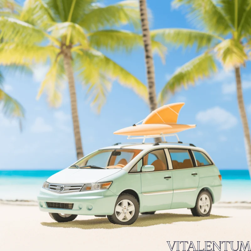 Mysterious Toy Car with Surfboard on Tropical Beach - Digitally Enhanced AI Image